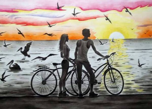 романтика прогулка пара велосипед чайки море фото
